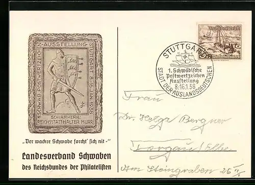 AK Stuttgart, 1. Schwäbische Postwertzeichen-Ausstellung 1938