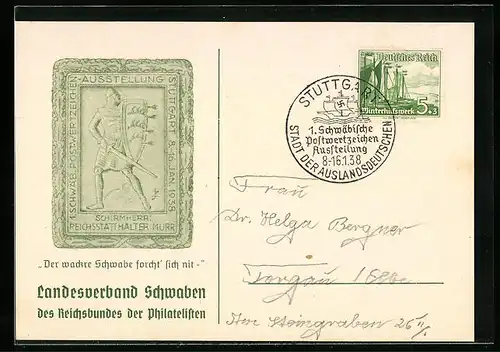 AK Stuttgart, 1. Schwäbische Postwertzeichen-Ausstellung 1938, Der wackre Schwabe...