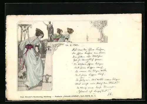 AK Damen in Gewändern der Antike bei einer Statue, Jugendstil