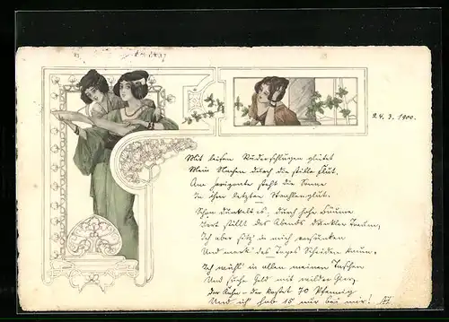 AK Damen in Gewändern der Antike lesen in einem Buch, Jugendstil