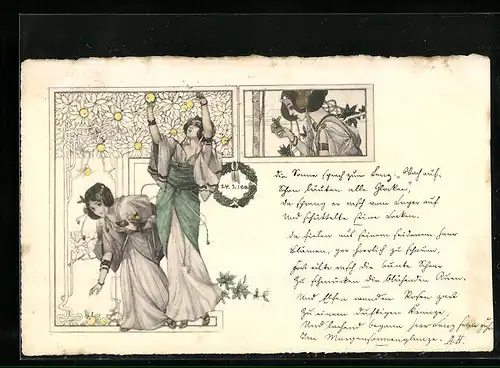 AK Damen in Gewändern der Antike pflücken Früchte vom Baum