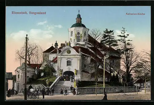 AK Eisenstadt, Kalvarien-Kirche mit Kirchgängern