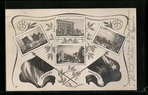 AK Antwerpen, Ruine und historische Ansichten, Fahnen Flandern und Wallonien