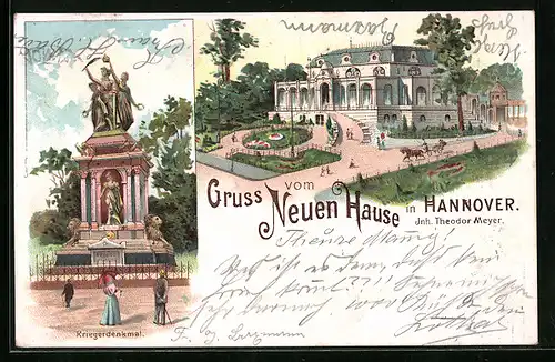 Lithographie Hannover, Gasthaus Neues Haus mit Anlagen, Kriegerdenkmal