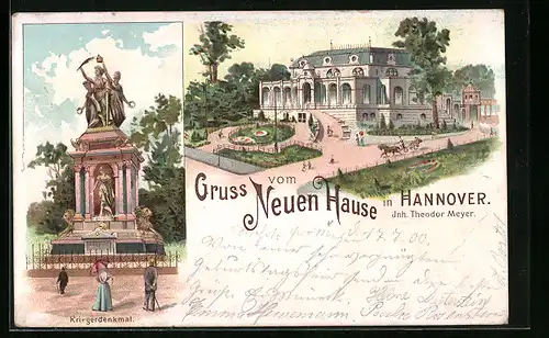 Lithographie Hannover, Gasthaus Neues Haus und Kriegerdenkmal