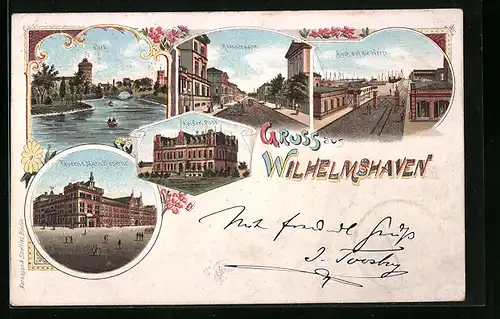 Lithographie Wilhelmshaven, Tausend Mann Kaserne, Werft, Roonstrasse