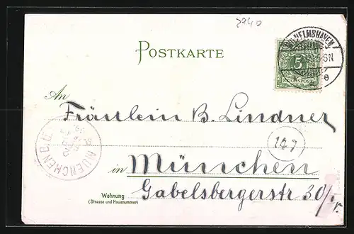 Lithographie Wilhelmshaven, Schiffe auf See, Kaiser Wilhelm I., Rathaus
