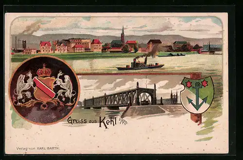 Lithographie Kehl /Rh., Ortsansicht, Rheinbrücke, Wappen