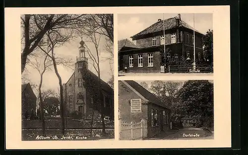 AK Accum über Jever, Dorfstrasse, Kirche und Schule