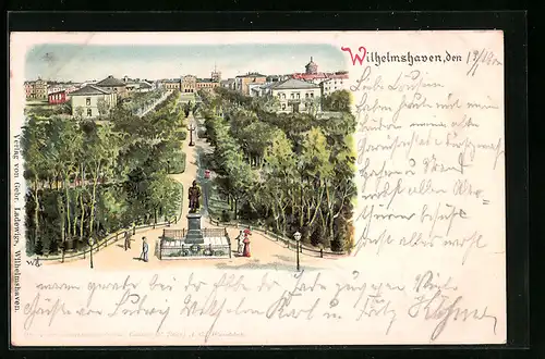 Lithographie Wilhelmshaven, Teilansicht mit Denkmal und Park aus der Vogelschau