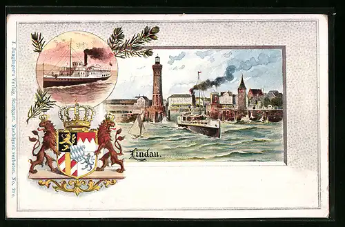 Passepartout-Lithographie Lindau, Teilansicht mit Leuchtturm, Dampfer, Wappen