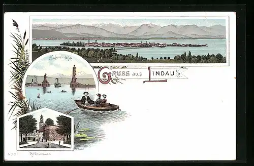 Lithographie Lindau, Gesamtansicht, Heidenmauer, Hafen