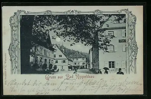 Mondschein-AK Bad Rippoldsau, Strassenpartie mit Passanten