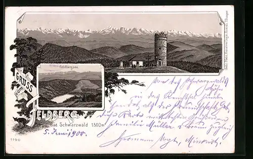 Lithographie Feldberg /Schwarzw., Feldberg mit Gebäude und Turm, Feldbergsee
