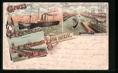 Lithographie Bremen, Dampfer, Freihafen, Weserbrücke