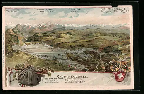 Präge-Lithographie Konstanz, Bodensee mit Umgebung und Ortsbezeichnungen, Wappen