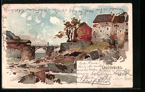 Künstler-AK Laufenburg, Ortspartie mit Brücke