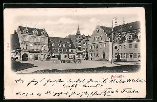 AK Pulsnitz, Marktplatz mit Ratskeller und Hotel Grauer Wolf