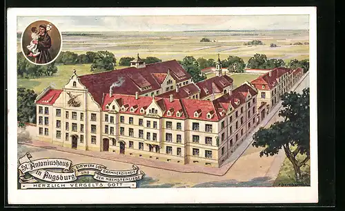 Künstler-AK Augsburg, St. Antoniushaus aus der Vogelschau