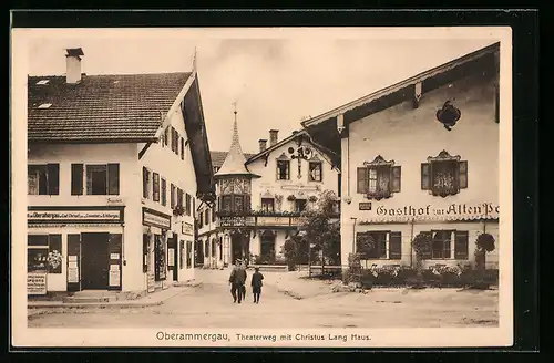AK Oberammergau, Theaterwewg mit Christus Lang Haus und Gasthaus