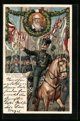 Lithographie Ganzsache Bayern, X. Deutsches Turnfest zu Nürnberg 1903, Die Lützower im Festzuge
