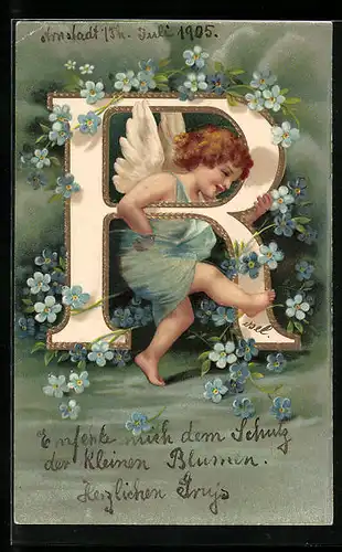 Präge-AK Engel läuft mit Buchstaben R unter dem Arm, umrankt von Vergissmeinnicht