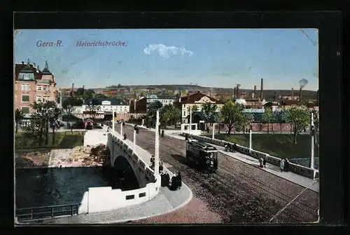 AK Gera-R., Heinrichsbrücke mit Strassenbahn