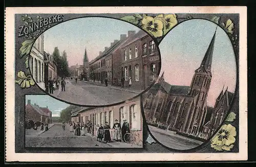 AK Zonnebeke, Kirche, Strassenpartien
