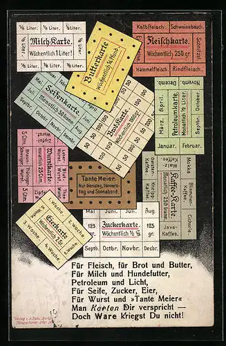 AK Kriegsnot, Kaffee-Karte und Fleischkarte, Gedicht