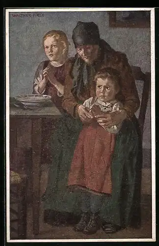 Künstler-AK Deutschlands Spende für Säuglings- und Kleinkinderschutz Bayern, Mutter mit zwei Kindern am Tisch