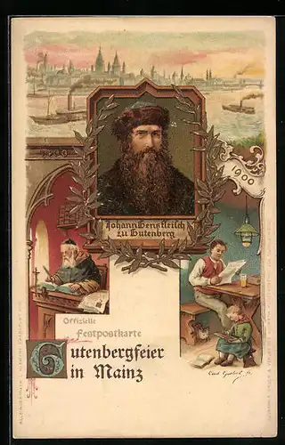Lithographie Mainz, Gutenbergfeier, Porträt vom Erfinder des Buchdrucks zu Gutenberg