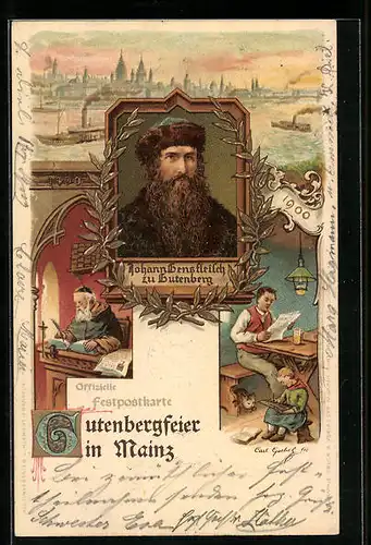 Lithographie Mainz, Gutenbergfeier, Porträt vom Erfinder des Buchdrucks zu Gutenberg