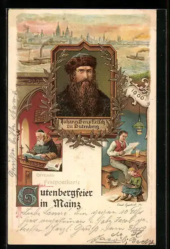 Lithographie Mainz, Gutenbergfeier, Porträt vom Erfinder des Buchdrucks zu Gutenberg