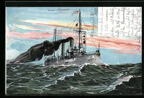 Lithographie Kriegsschiff Kreuzer Nymphe auf See