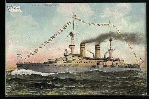 AK Kriegsschiff SMS Schwaben mit Flaggengala