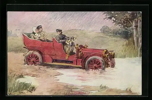 Künstler-AK Chauffeur ist bei Regen in einen Teich gefahren, Auto Know Better