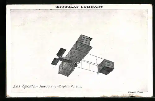 AK Les Sports Aéroplane-Biplan Voisin, Frühes Flugzeug, Chocolat Lombart