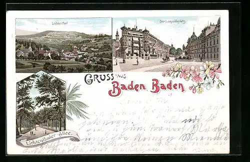 Lithographie Baden-Baden, Der Leopoldsplatz, Lichtenthal, Lichtenthaler-Allee