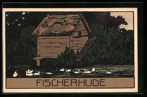 Steindruck-AK Fischerhude, Entenhaus am See
