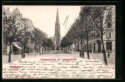 AK Stuttgart, Johannesstrasse mit Johanneskirche