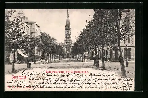 AK Stuttgart, Johannesstrasse mit Johanneskirche