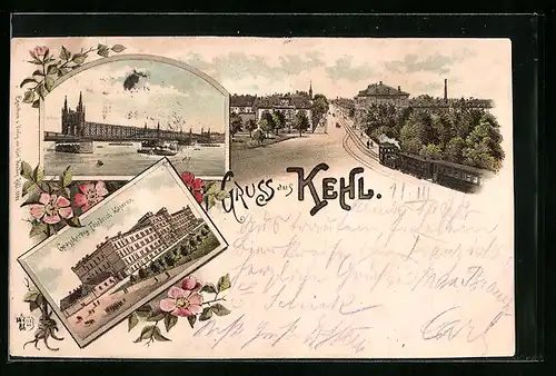 Lithographie Kehl am Rhein, Grossherzog Friedrich-Kaserne, Brücke, Ortsansicht