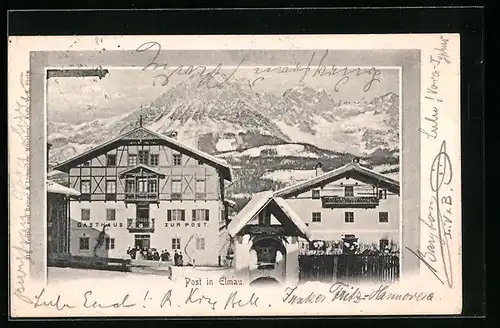 AK Elmau, Ortspartie mit Gasthaus zur Post im Winter
