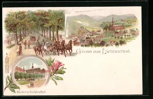 Lithographie Lichtental, Ortsansicht, Strassenpartie, Kloster