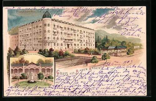 Lithographie Baden-Baden, Hotel Französischer Hof mit Strasse, Trinkhalle