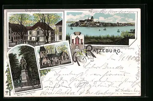 Lithographie Ratzeburg, Ortsansicht mit See, Hauptwache, Dom