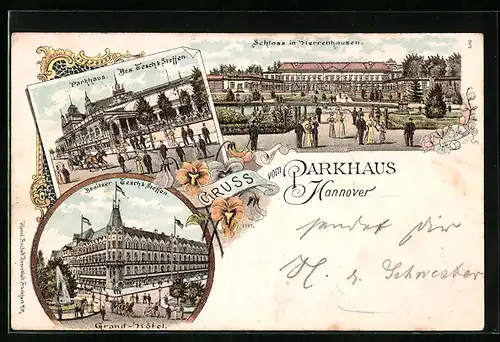Lithographie Hannover, Gasthof Parkhaus, Grand-Hotel und Schloss in Herrenhausen