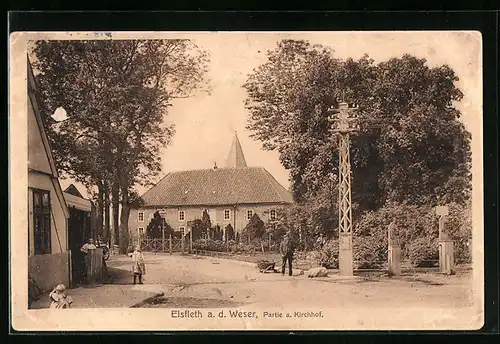 AK Elsfleth /Weser, Partie am Kirchhof mit Kirche und Strom-Mast