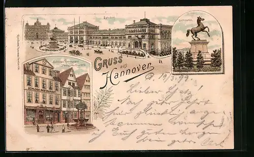 Lithographie Hannover, Bahnhof, Schloss Restaurant, Sachsenross