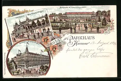 Lithographie Hannover, Gasthof Parkhaus, Grand-Hotel, Schloss in Herrenhausen